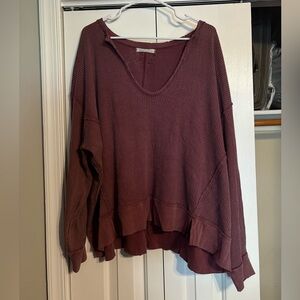 We The Free Oversized Burgundy Distressed Waffle Knit Sweater Large